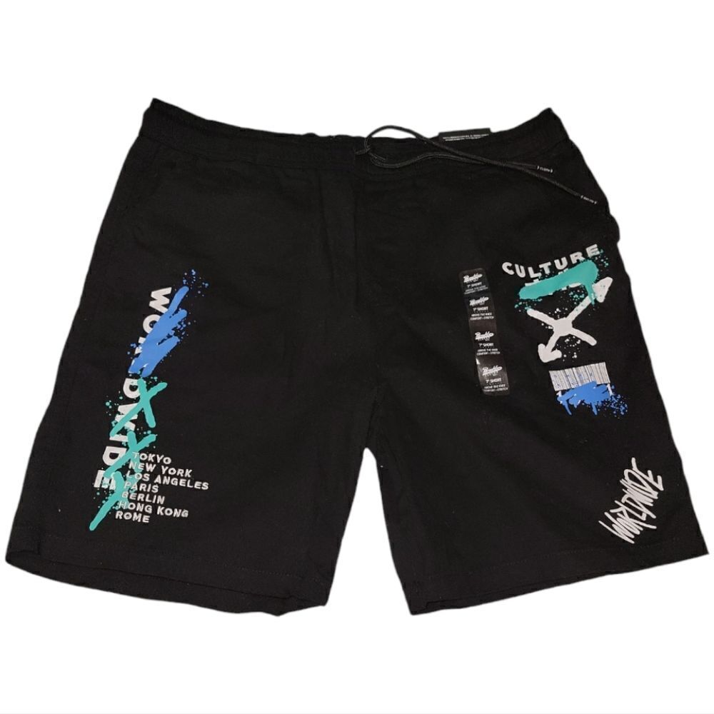 Brooklyn Cloth Worldwide Mens Large Graphic Shorts Black 7 in NWT